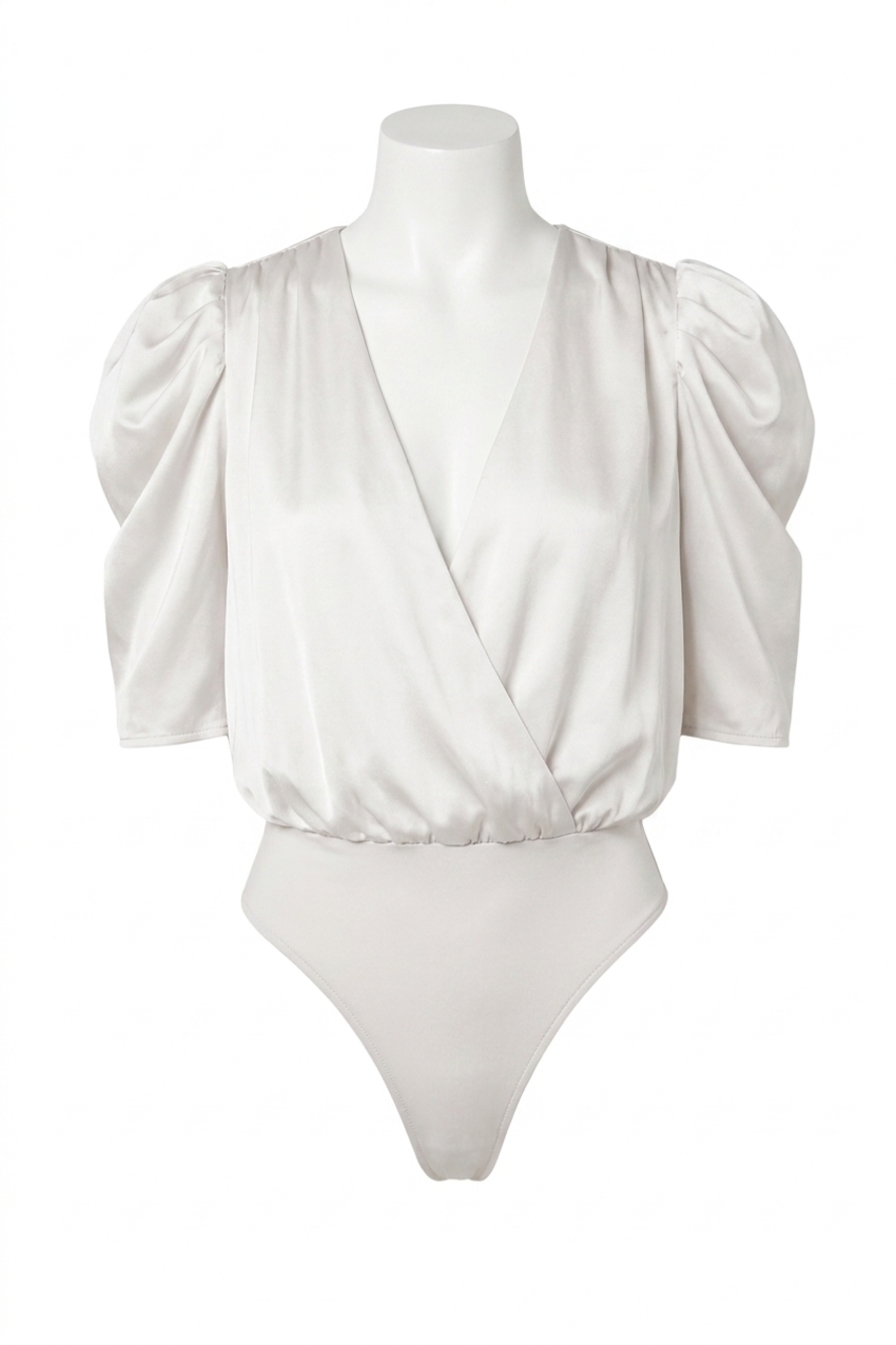 NEW ADELYN RAE lila wrap-effect sateen bodysuit in white